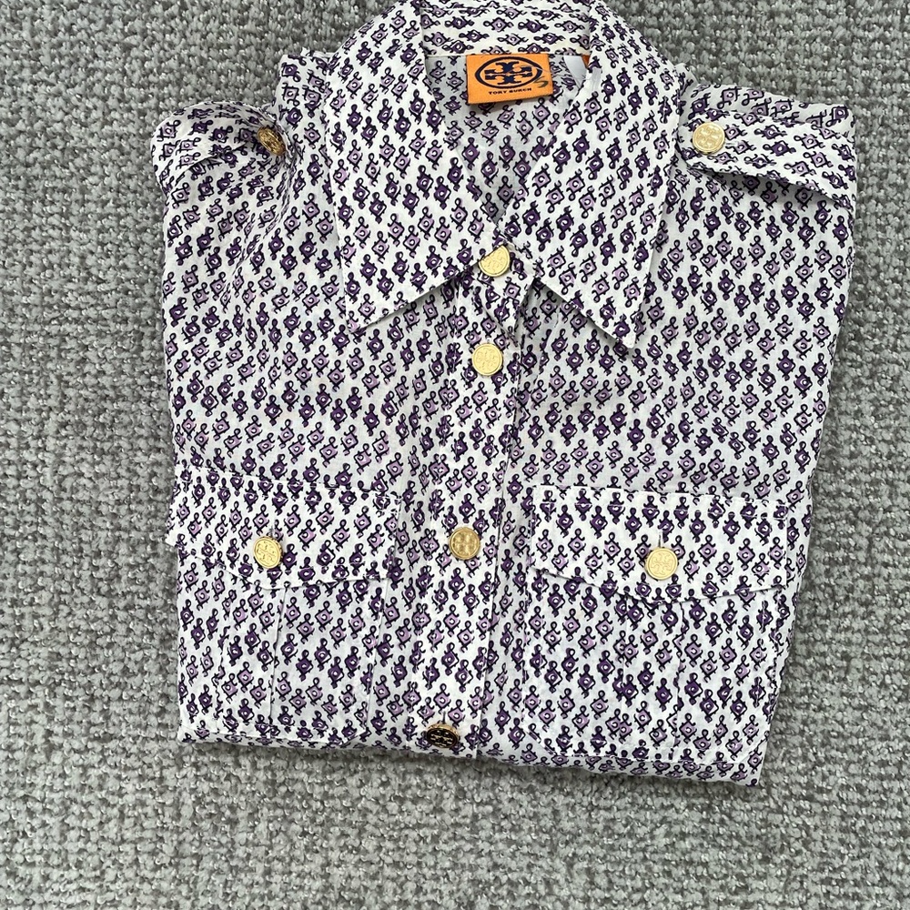 Tory Burch White and Purple Patterned Shirt